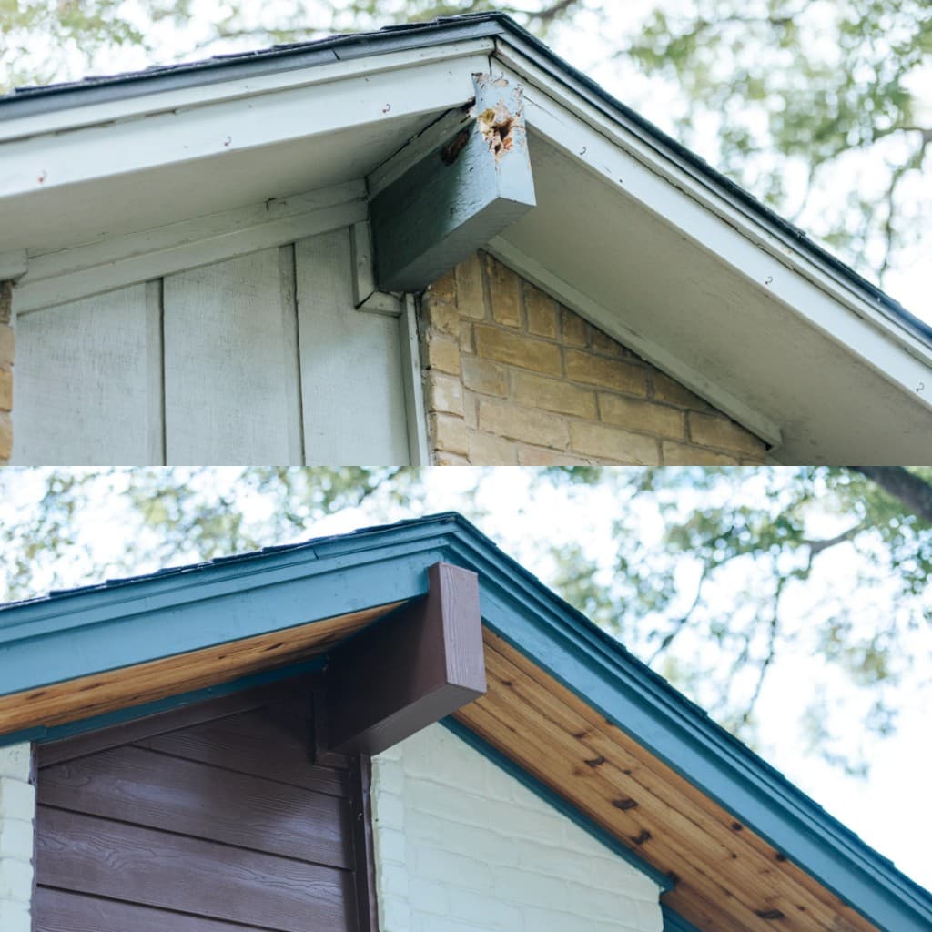 Before and after painted brick gable with siding and trim repaint in Dallas