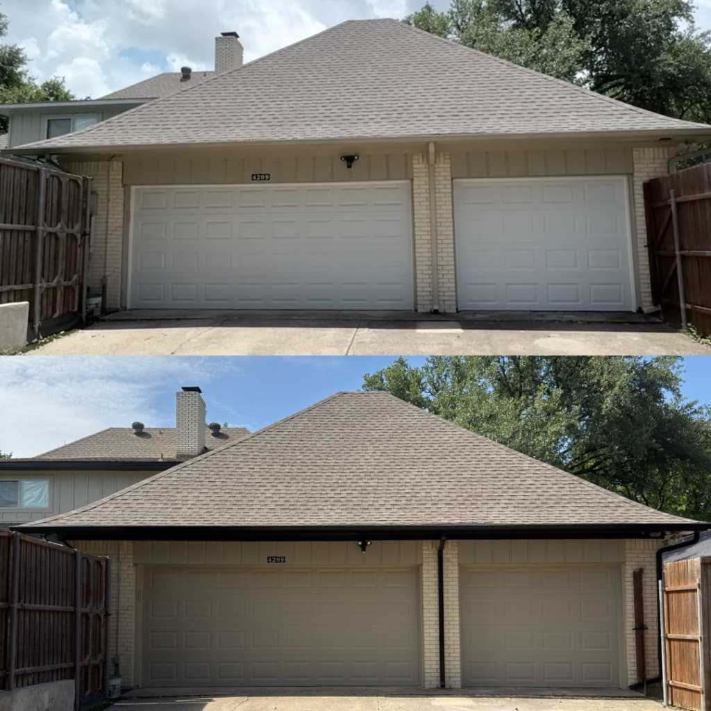 Before and after garage door and gutter painting in Dallas
