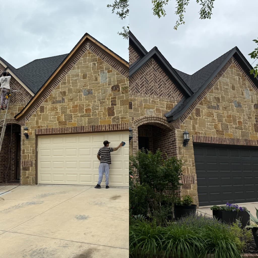 Before and after exterior painting on stone brick garage and roofline trim in Dallas