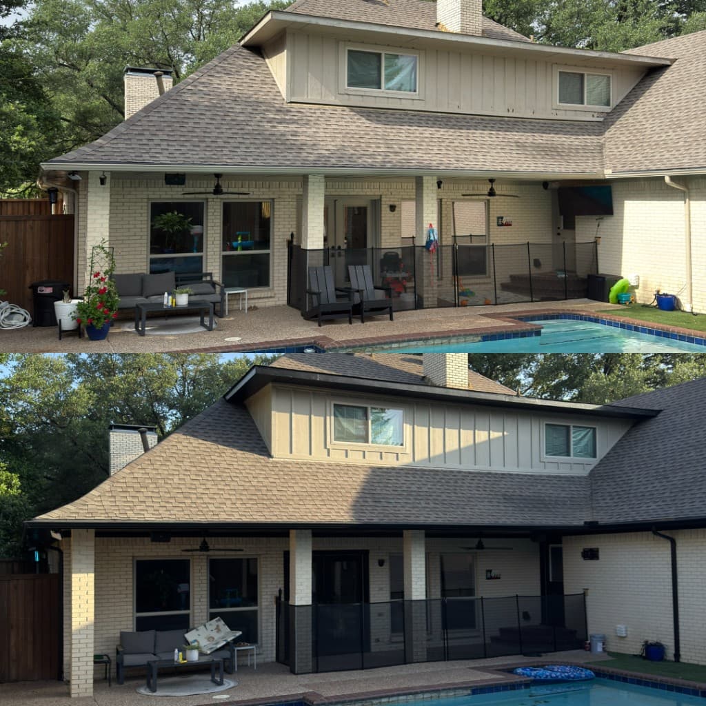 Before and after siding replacement and trim repaint on rear elevation in Dallas